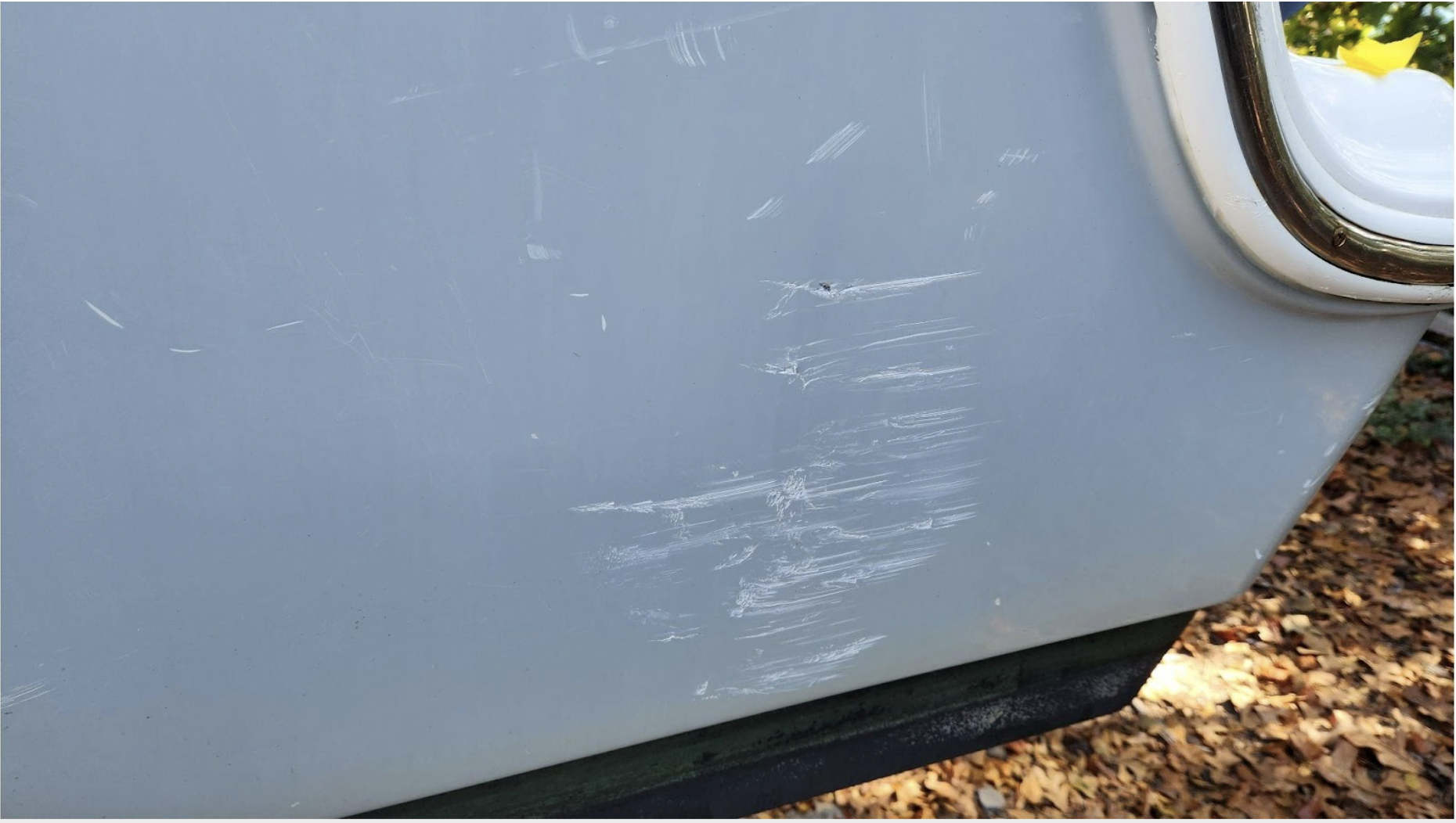 This is commonly known as “Dock Rash” where the boat has deep scratches and scrapes in the gelcoat from rubbing alongside a dock with oysters